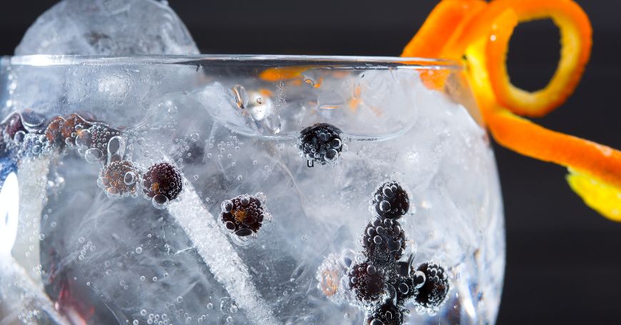 vaso de gin tonic con bayas de enebro
